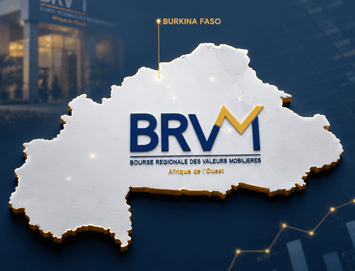 Carte illustrant la région de la BRVM avec le Burkina Faso en surbrillance.